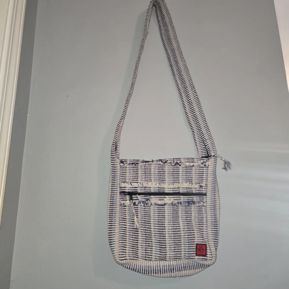International Nepal Artisan Woven Crossbody Bag Blue White Striped Boho Ethical